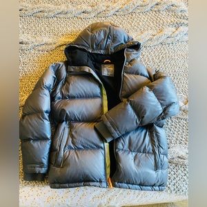 Fantastic kids’ down puffer jacket, slate grey, lime trim, Crewcuts 14 yrs, hood